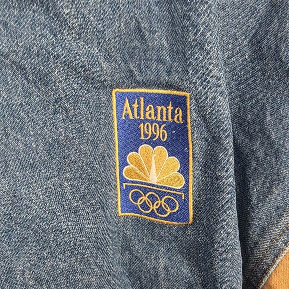 International Denim Blue Tan Atlanta 1996 Olympics Snap Up Varsity Jacket Size L - Picture 3 of 7